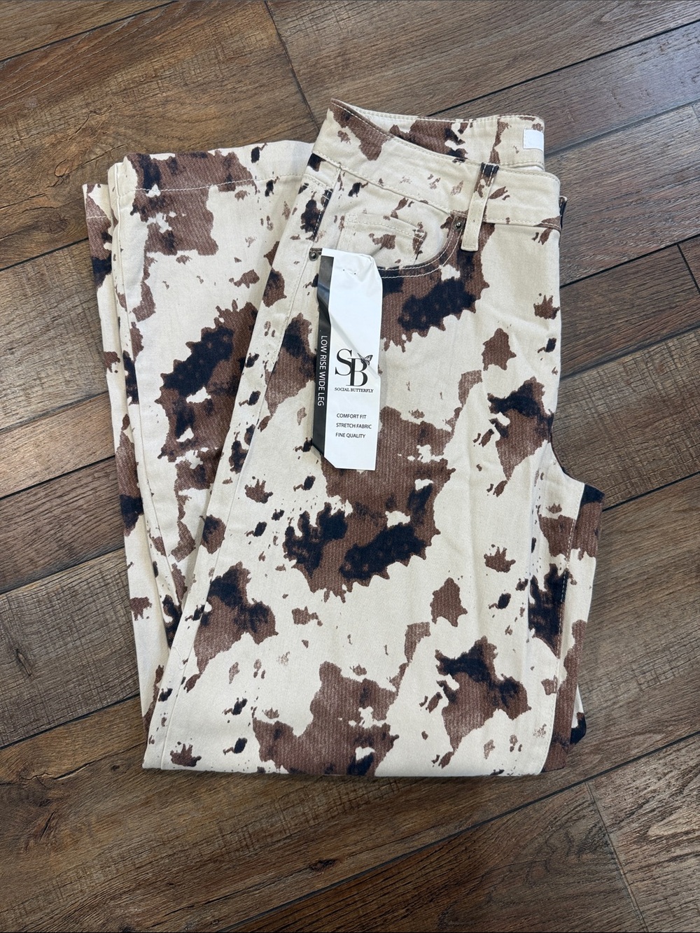 Cow Print Wide Leg Jeans - Brown & Cream - Picture 3 of 3